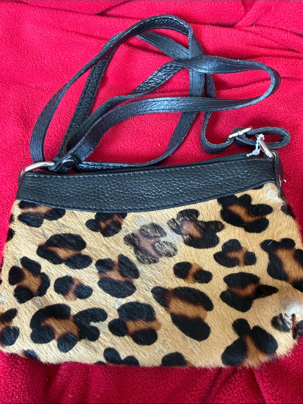 Vera Pelle Italian Leather Calf Hair Leopard Print Crossbody with Black Trim